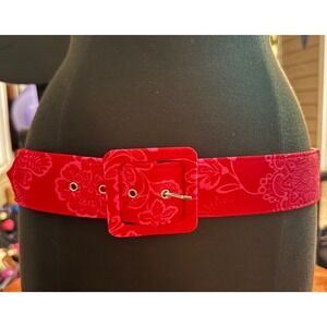 Vintage 1980's Woman M Red Floral Wide Fabric Square Buckle Belt Vietnam EUC